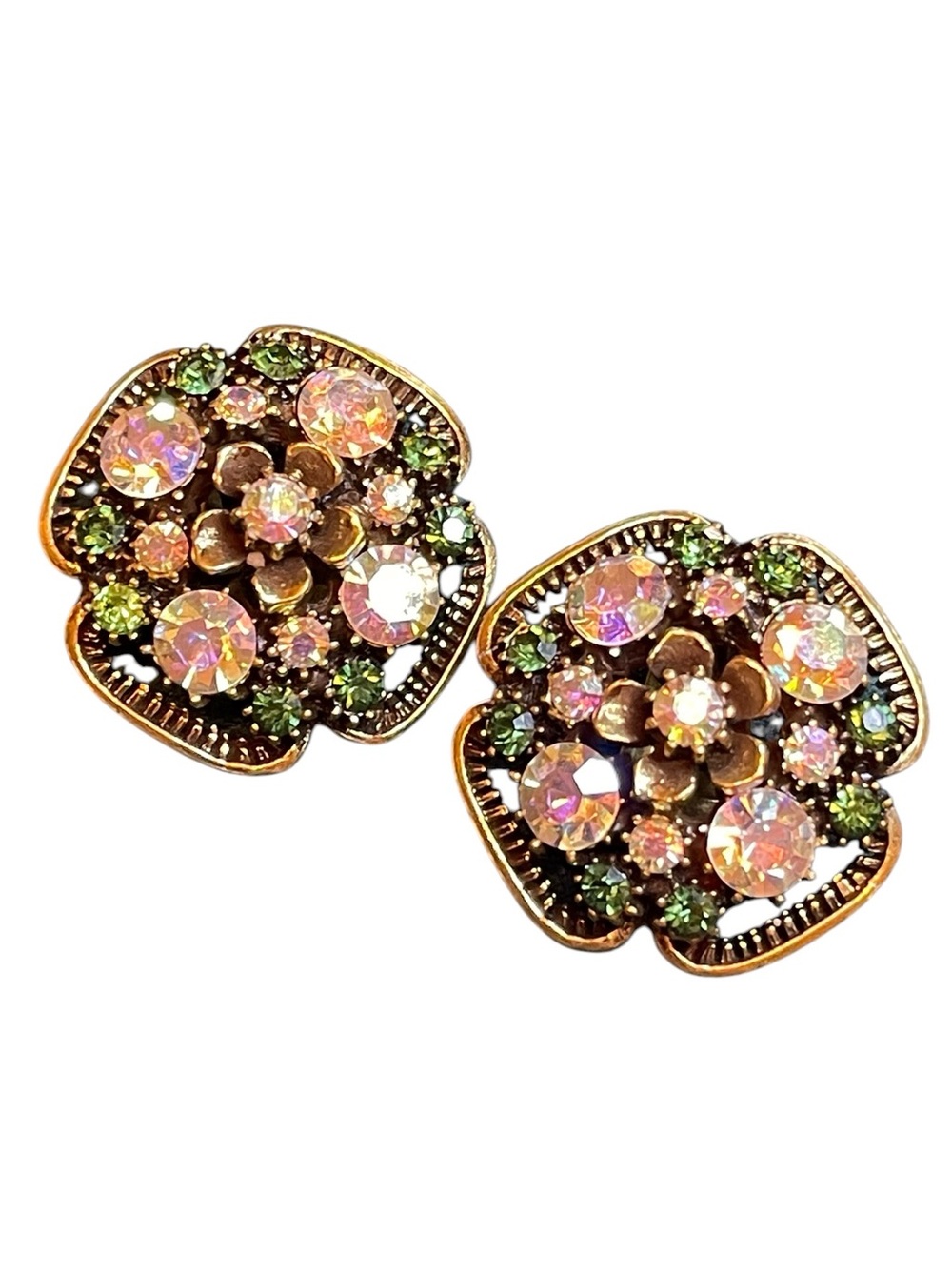 1950’s Florenza Green & Aurora Borealis Antiqued Gold Floral Clip On Earrings